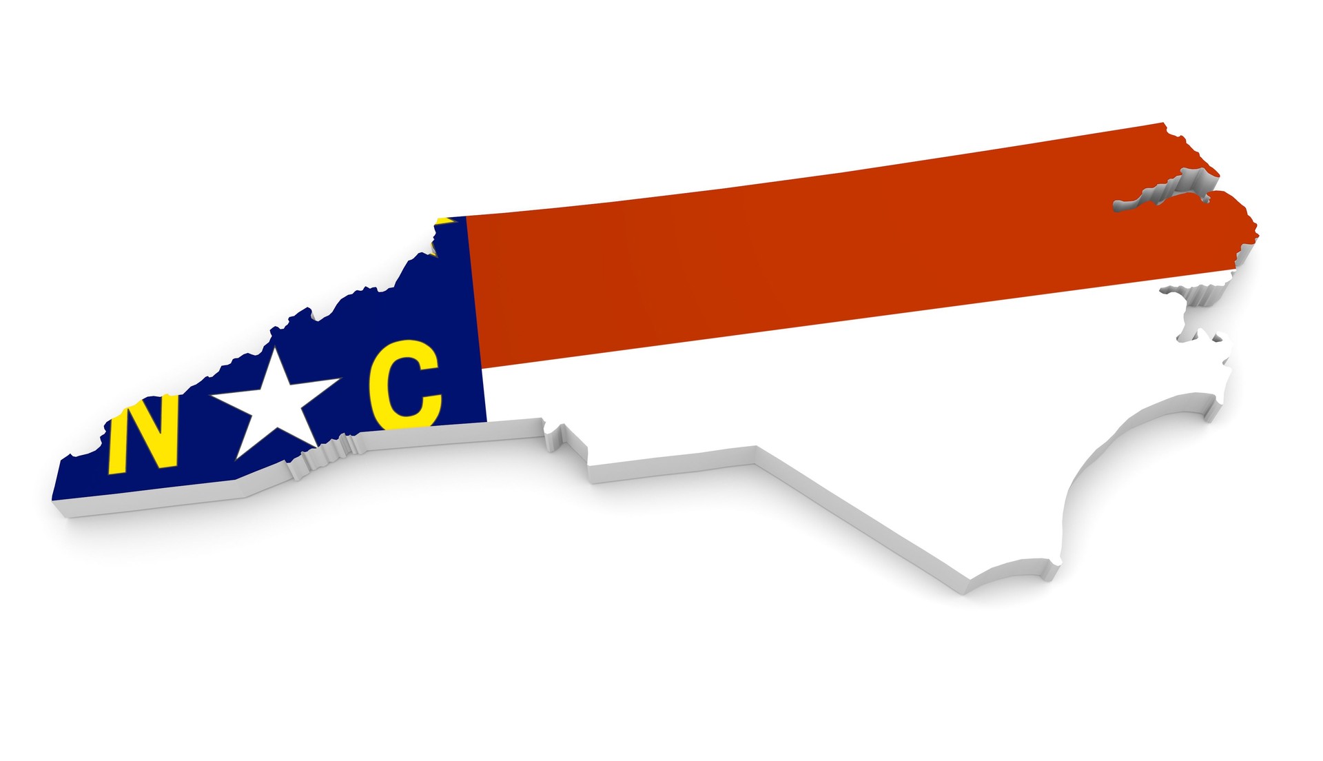 Geographic outline map of North Carolina with the state flag
